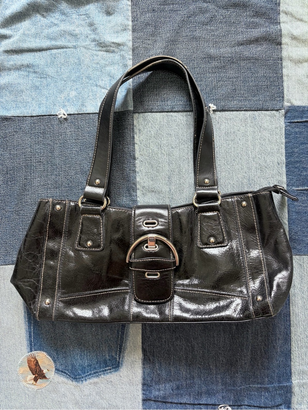 black leather large buckle relativity shoulder purse bag silver toned hardware